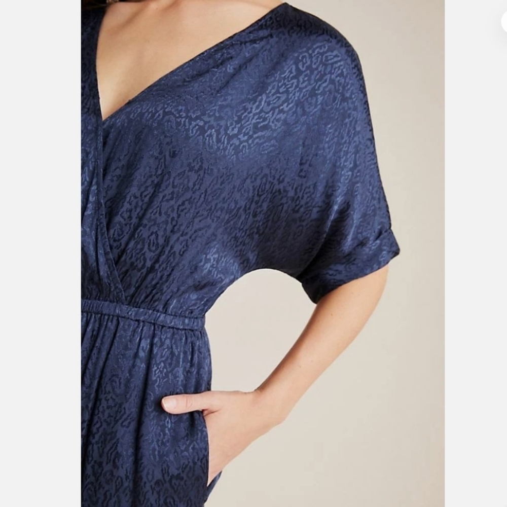 ANTHROPOLOGIE - Maeve Jacqueline Jacquard Navy Blue Jumpsuit - Picture 3 of 5